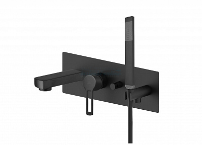 Смеситель для ванны встраиваемый с девиатором на 2 выхода, в к-те с душ.гарнитуром и накладкой из нерж. Стали 350х120мм,девиатор-кнопка, Черный матовый