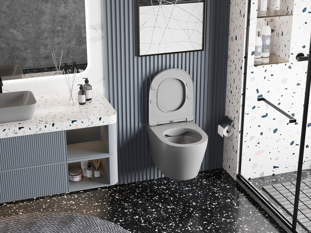 Унитаз ABBER Bequem AC1102MG подвесной серый матовый, безободковый с крышкой