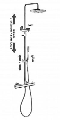 Колонна латунная MINI BIRILLO термостат. для душа без излива, регулиремая по высоте, верх. Душ из металла диам. 225мм, шланг металл 1500мм, ручной душ из ABS BIRILLO, держатель душа ECO подвижный круглый, цвет хром