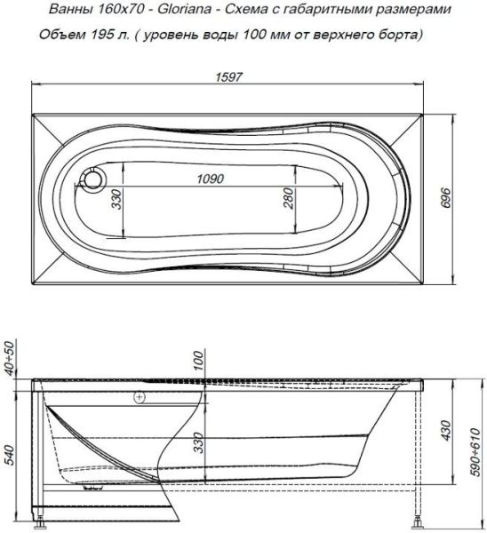 Акриловая ванна Aquanet Gloriana 160x70 см