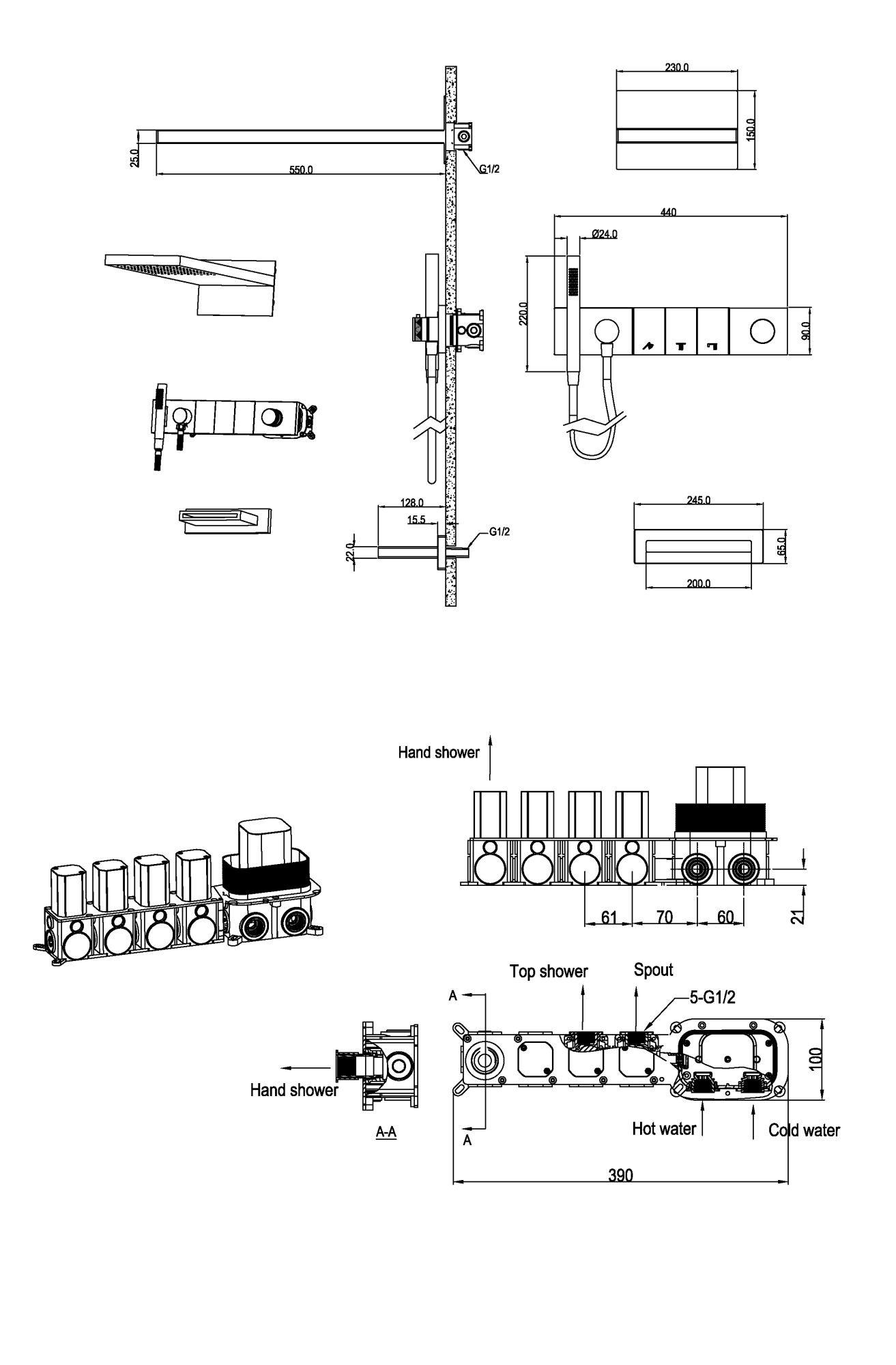 Встроенная душевая система с изливом ZODIAC с термостатом, трехпозиционная Shine Gun Metal