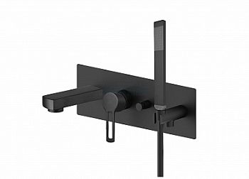 Смеситель для ванны встраиваемый с девиатором на 2 выхода, в к-те с душ.гарнитуром и накладкой из нерж. Стали 350х120мм,девиатор-кнопка, Черный матовый