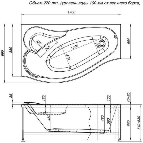 Акриловая ванна Aquanet Palma 170x90/60 L (каркас + смеситель Aquanet Practic 2 AF111-63B)