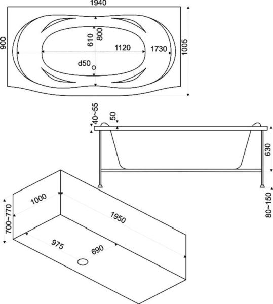 Акриловая ванна Bas Фиеста 194х100