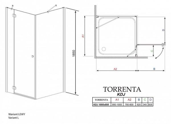 Душевой уголок Radaway Torrenta KDJ 100x80x185 см правый прозрачное стекло