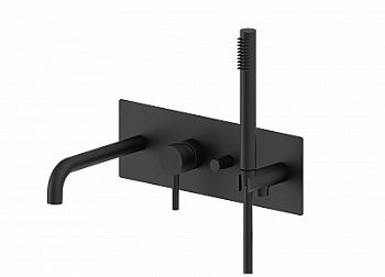 Смеситель для ванны встраиваемый на 2 выхода, накладка из нерж стали 350х120мм, душ гарнитур MASTER из металла, девиатор-кнопка, Черный матовый