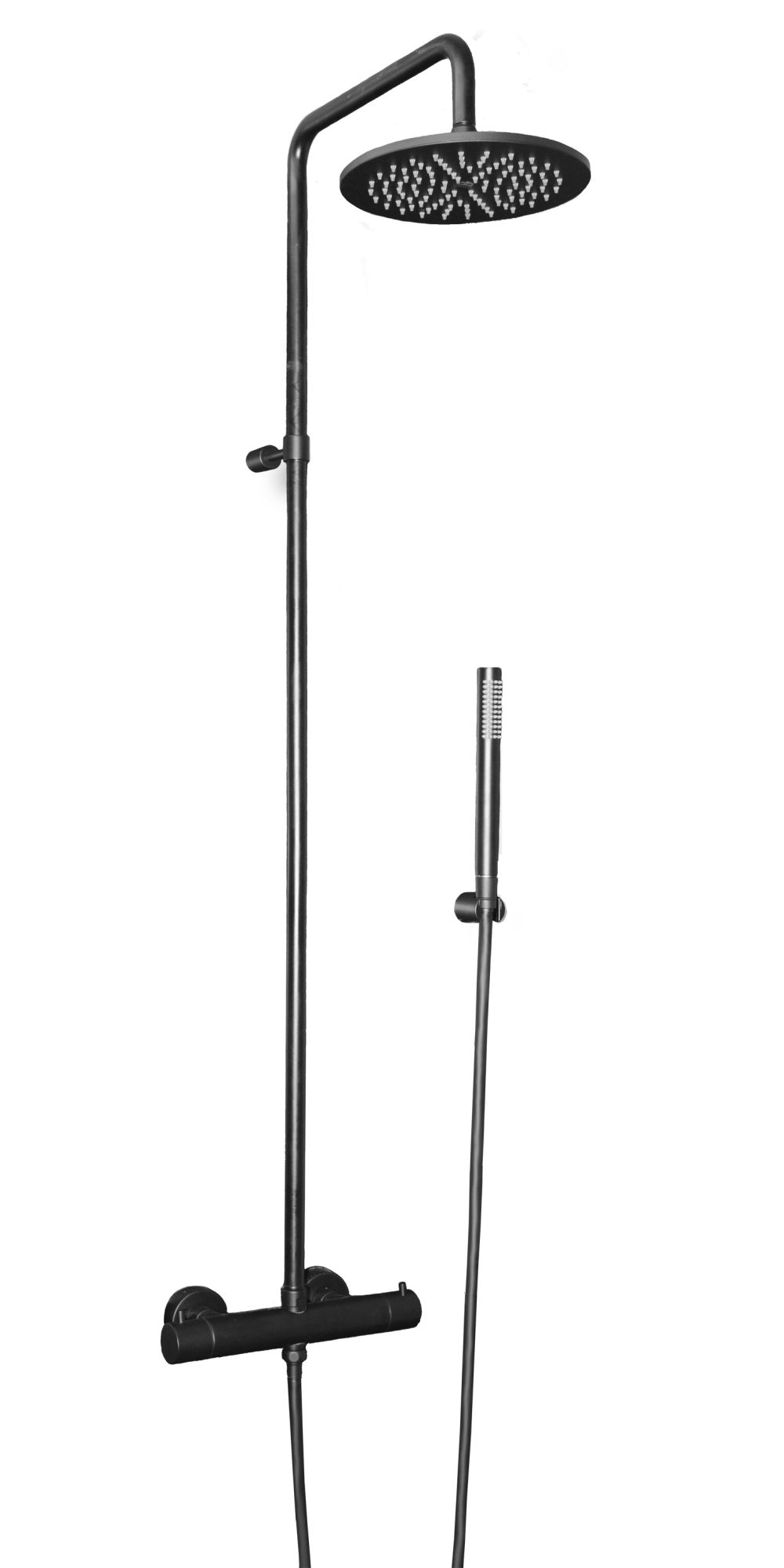 Колонна латунная BIRILLO FIX термостат для душа без излива, верх.душ MASTER диам.225мм металл, руч. Душ Master из металла , шланг PVC 1500мм, держатель душа круглый, цвет черный матовый