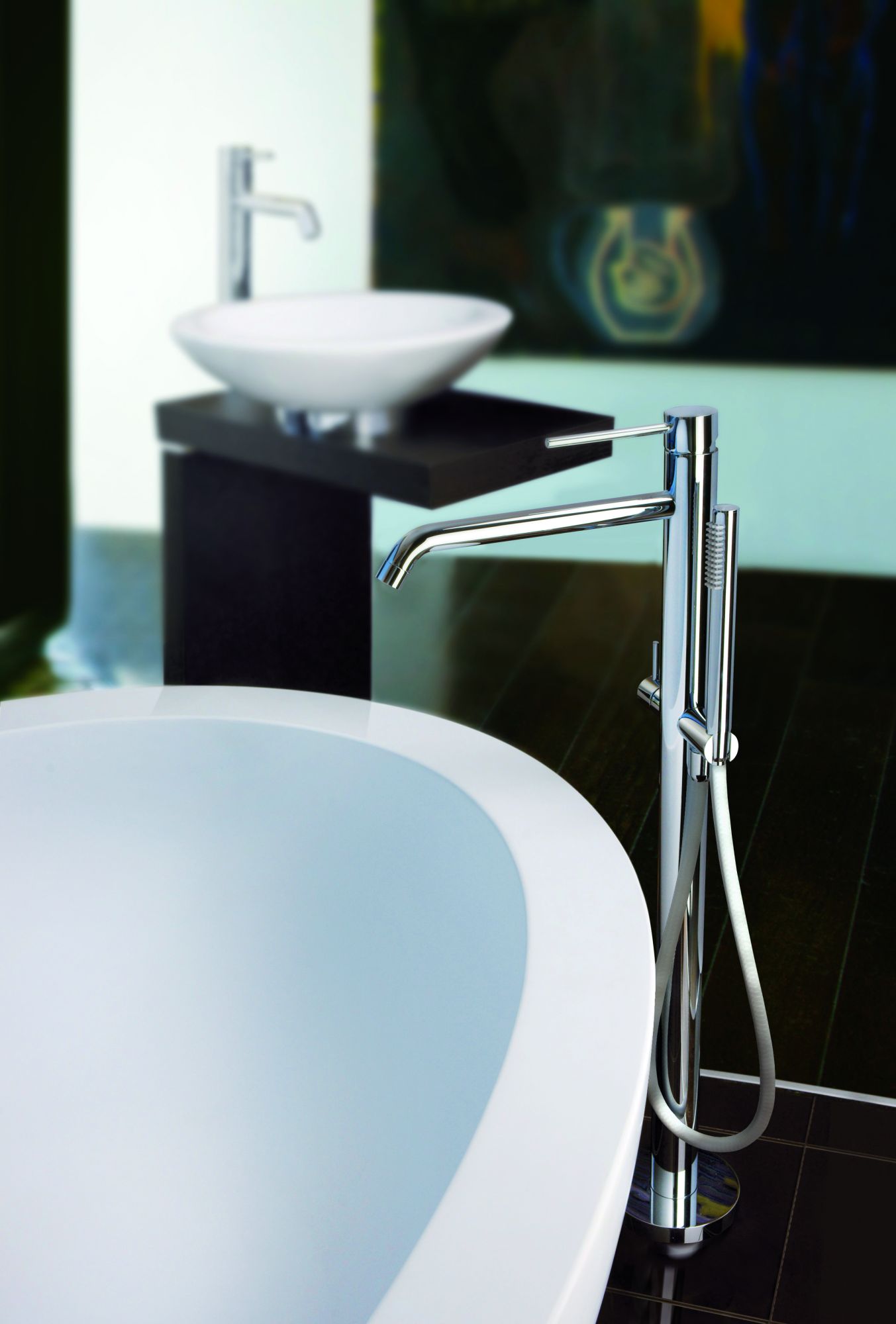 Смеситель для ванны напольный с душем MASTER из металла и шлангом из PVC 1500мм, без БАЗЫ арт LIG031, Хром