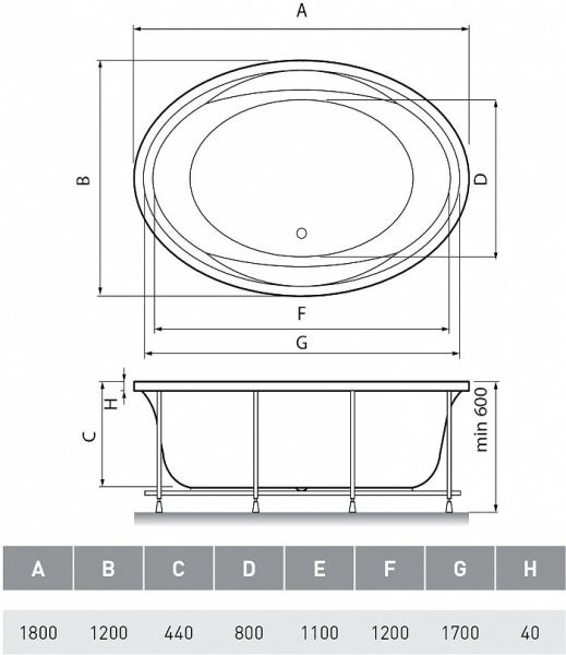Акриловая ванна Vayer Opal 180x120 см