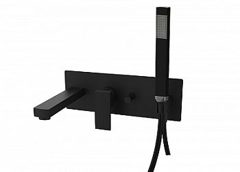 Смеситель для ванны встраиваемый с девиатором на 2 выхода, в к-те с душ.гарнитуром и накладкой из нерж. Стали 350х120мм,девиатор-кнопка, Черный матовый