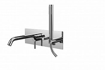 Смеситель для ванны встраиваемый на 2 выхода, накладка из нерж стали 350х120мм, душ гарнитур MASTER из металла, девиатор-кнопка, Хром