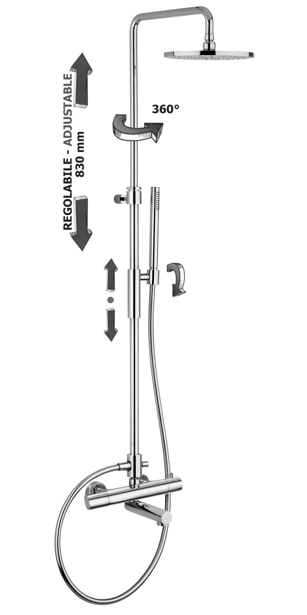 Колонна латунная BIRILLO термостат с изливом,регулируемая, верх.душ MASTER диам.225мм металл, руч. Душ Master из металла , шланг PVC 1500мм, держатель душа круглый подвижный и поворотный, цвет хром