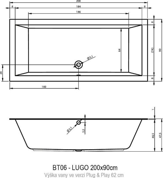 Акриловая ванна Riho Lugo 200x90 см L Plug&Play