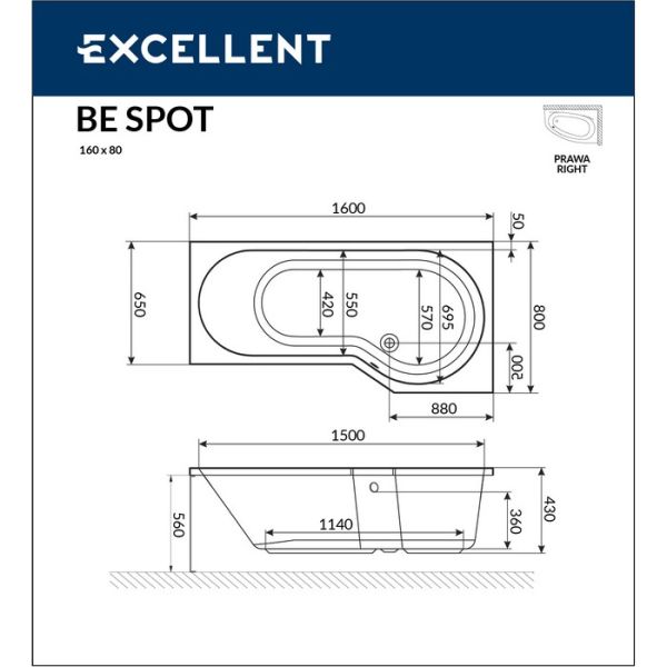 Акриловая ванна Excellent Be Spot 160x80 прав. WAEX.BSP16WH