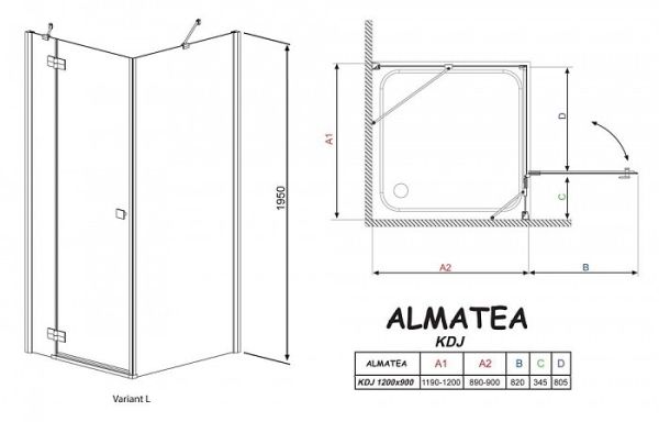 Душевой уголок Radaway Almatea KDJ 120x90x195 см левый прозрачное стекло
