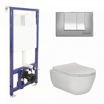 Комплект Berges Novum 047243 инсталляция Novum525 + кнопка S3 хром глянец + подвесной унитаз EGO Rimless + сидение дюропласт Toma Slim SO