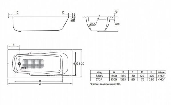 Стальная ванна BLB Atlantica 180x80x36 см универсальная