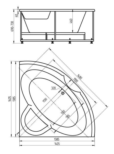 Акриловая ванна Aquatek Поларис 138 см на объемном каркасе