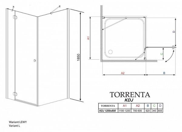 Душевой уголок Radaway Torrenta KDJ 120x80x185 см правый прозрачное стекло