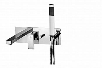 Смеситель для ванны встраиваемый с девиатором на 2 выхода, в к-те с душ.гарнитуром и накладкой из нерж. Стали 350х120мм,девиатор-кнопка, Хром