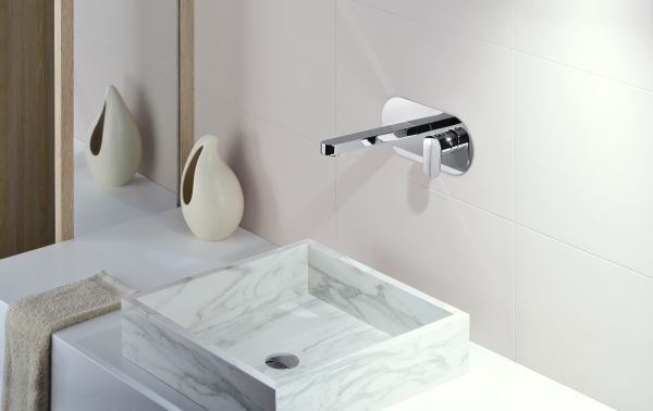 Смеситель встраиваемый для раковины излив 200мм, накладка из нержавеющей стали 250х120мм, Хром