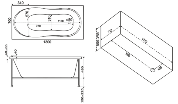 Акриловая ванна Bas Лима 130х70