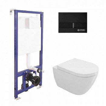 Комплект Bocchi Venezia Rimless 1295-001-0129 подвесной унитаз+ инсталляция Berges Wasserhaus Novum L5 040215 с черной кнопкой+ сиденье A0330-001