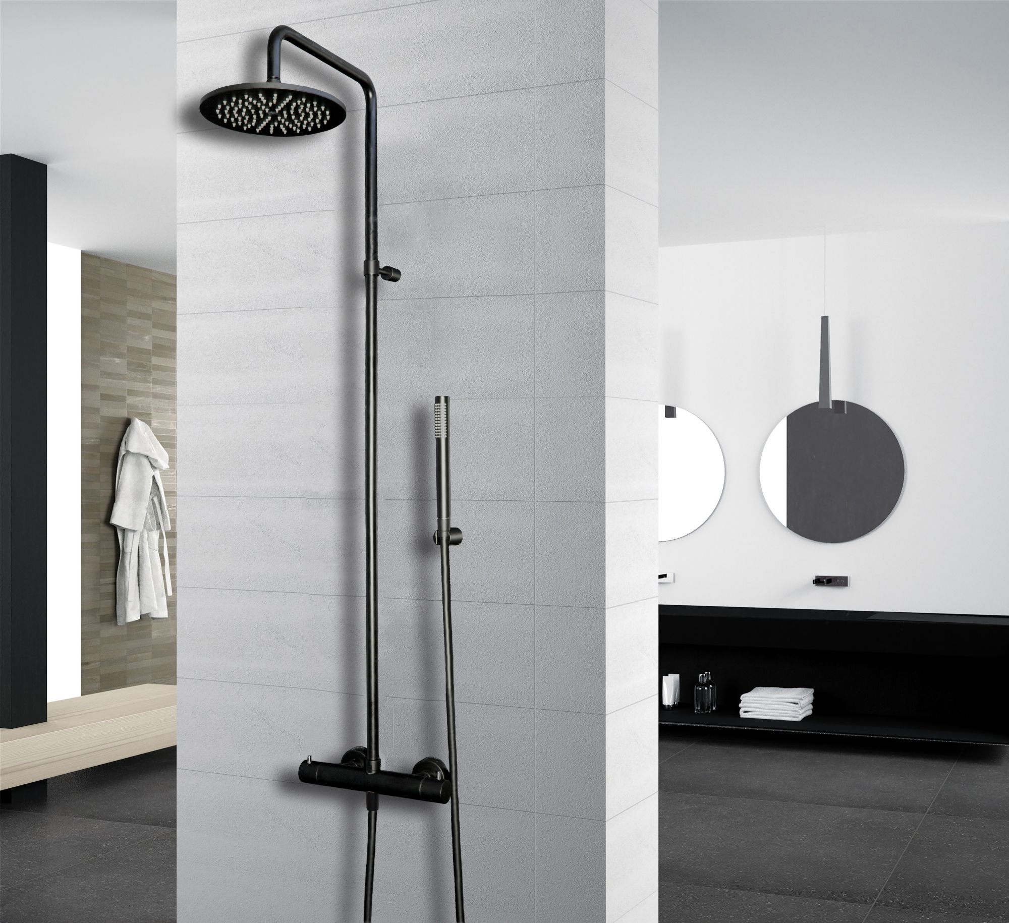 Колонна латунная BIRILLO FIX термостат для душа без излива, верх.душ MASTER диам.225мм металл, руч. Душ Master из металла , шланг PVC 1500мм, держатель душа круглый, цвет черный матовый