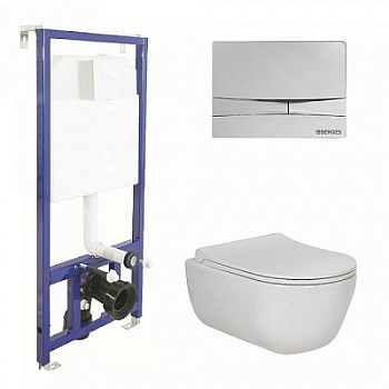 Комплект Berges Novum 047253 инсталляция Novum525 + кнопка F3 хром глянец + унитаз EGO Rimless + сидение дюропласт Toma Slim SO