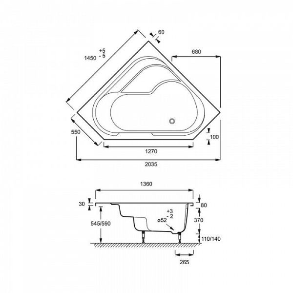 Акриловая ванна Jacob Delafon Bain Douche 145х145 правая