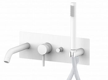 Смеситель для ванны встраиваемый на 2 выхода, накладка из нерж стали 350х120мм, душ гарнитур MASTER из металла, девиатор-кнопка, Белый матовый