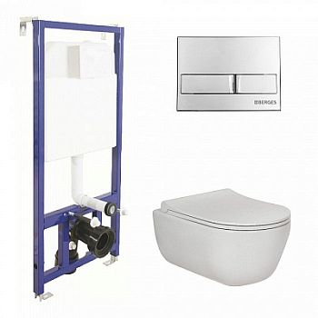 Комплект Berges Novum 047213 инсталляция Novum525 + кнопка L3 хром глянец + подвесной унитаз EGO Rimless + сидение дюропласт Toma Slim SO