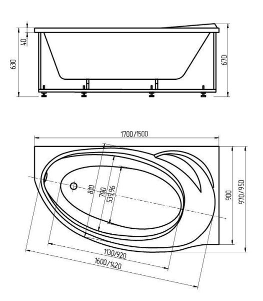 Акриловая ванна Aquatek Бетта 170 см R на объемном каркасе