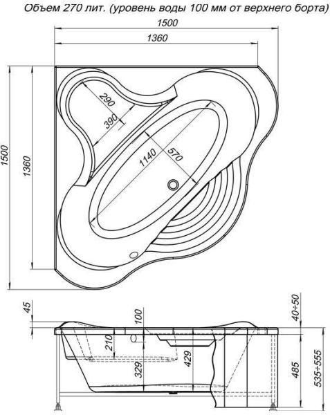 Акриловая ванна Aquanet Margarita 150x150 Акриловая ванна Aquanet Margarita 150x150
