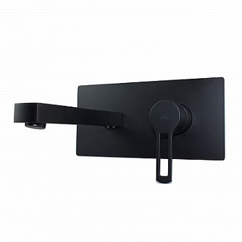 Смеситель для раковины встраиваемый с изливом 200мм с накладкой из нерж. Стали 250х100мм, Черный матовый